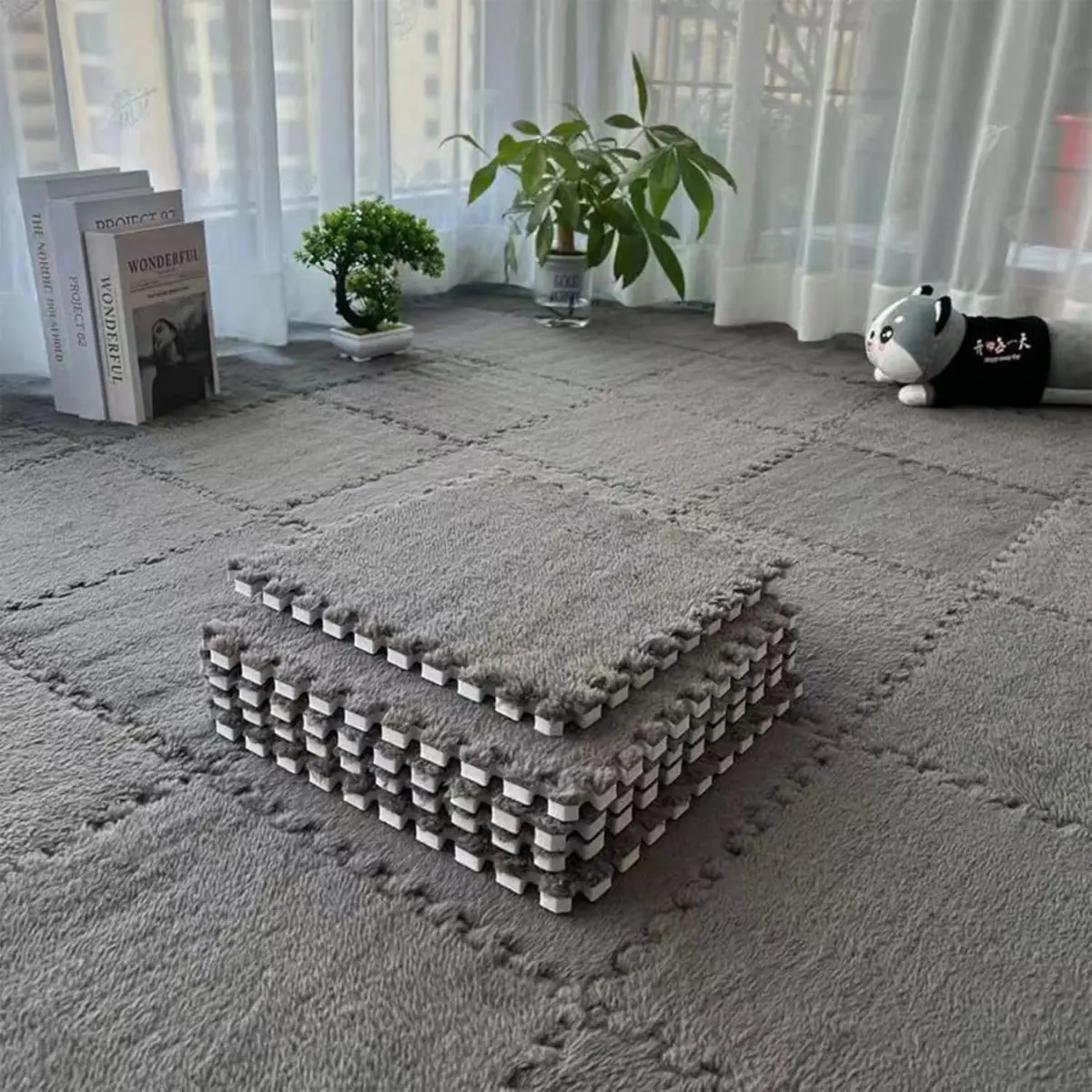 Pisos De Espuma Con Cubierta De Peluche. 60X60cm Color Gris. Alfombra De Espuma Tipo Rompecabezas Con Felpa Suave. Piso De Goma. 1
