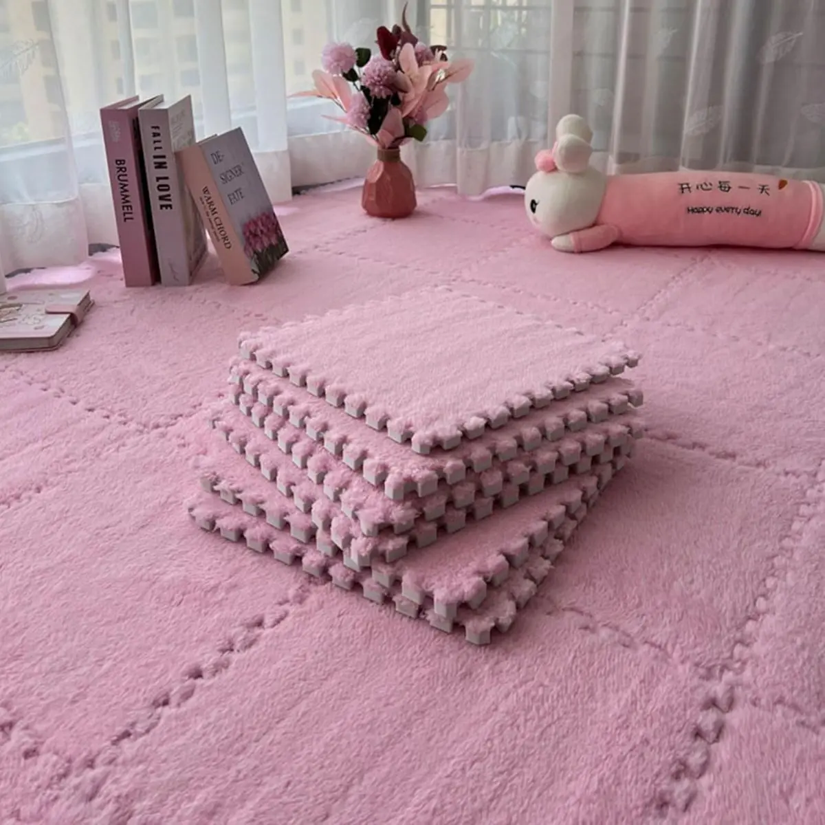 Pisos De Espuma Con Cubierta De Peluche. 60X60cm Color Rosado. Alfombra De Espuma Tipo Rompecabezas Con Felpa Suave. Piso De Goma. 1