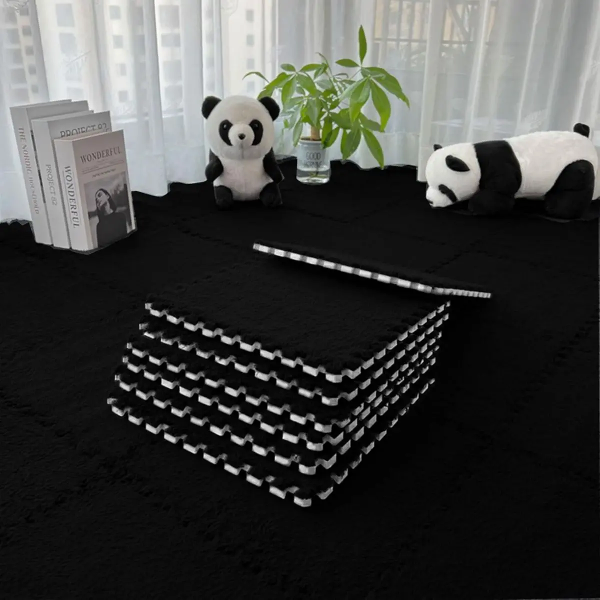 Pisos Modular De Espuma Con Cubierta De Peluche. 60X60cm Color Negro. Alfombra De Espuma Tipo Rompecabezas Con Felpa Suave. Piso De Goma. 1