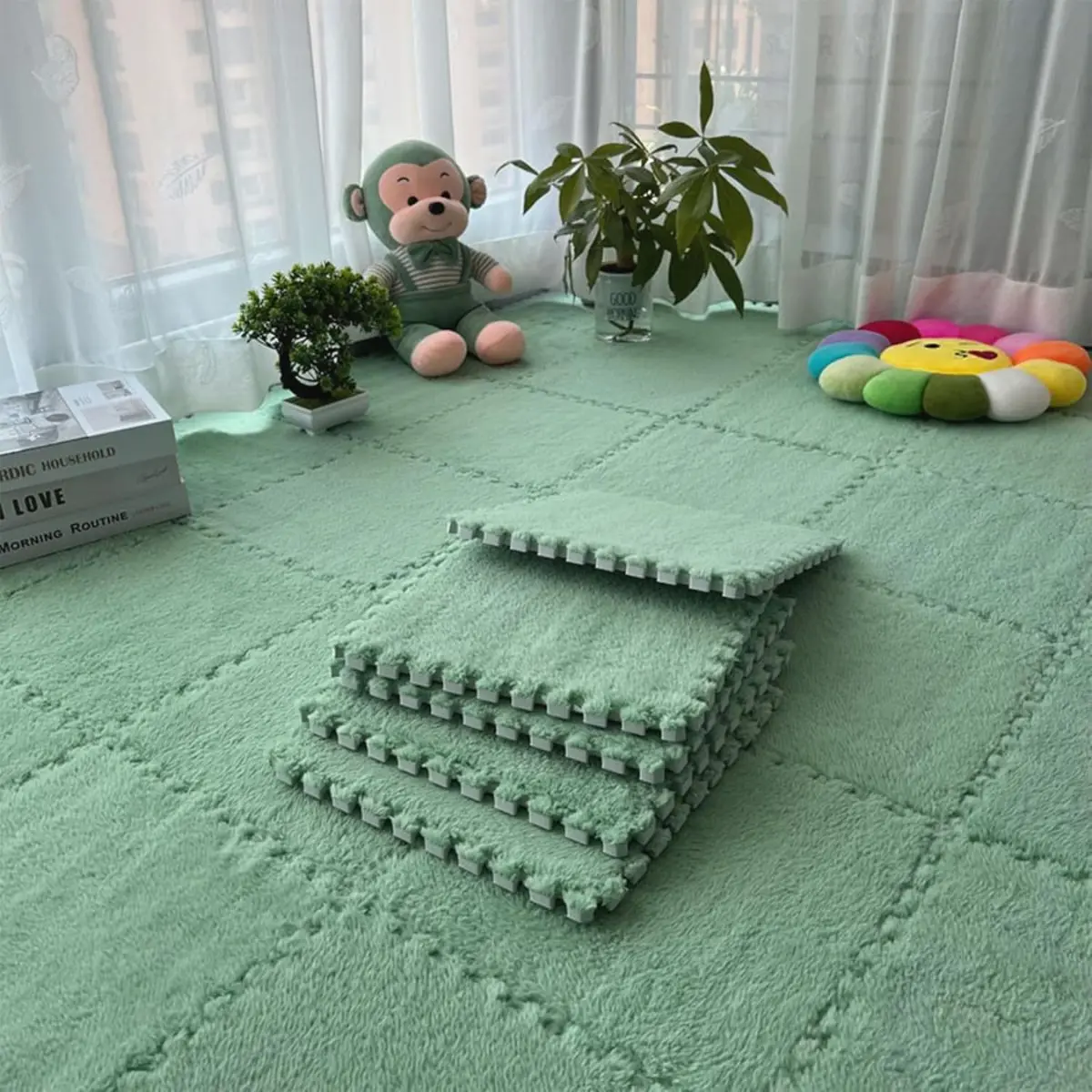 Pisos Modular De Espuma Con Cubierta De Peluche. 60X60cm Color Verde Menta. Alfombra De Espuma Tipo Rompecabezas Con Felpa Suave. Piso De Goma. 1