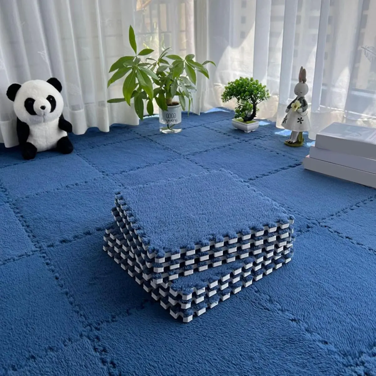 Piso Modular De Espuma Con Cubierta De Peluche. 60X60cm Color Azul. Alfombra De Espuma Tipo Rompecabezas Con Felpa Suave. Piso De Goma. 1