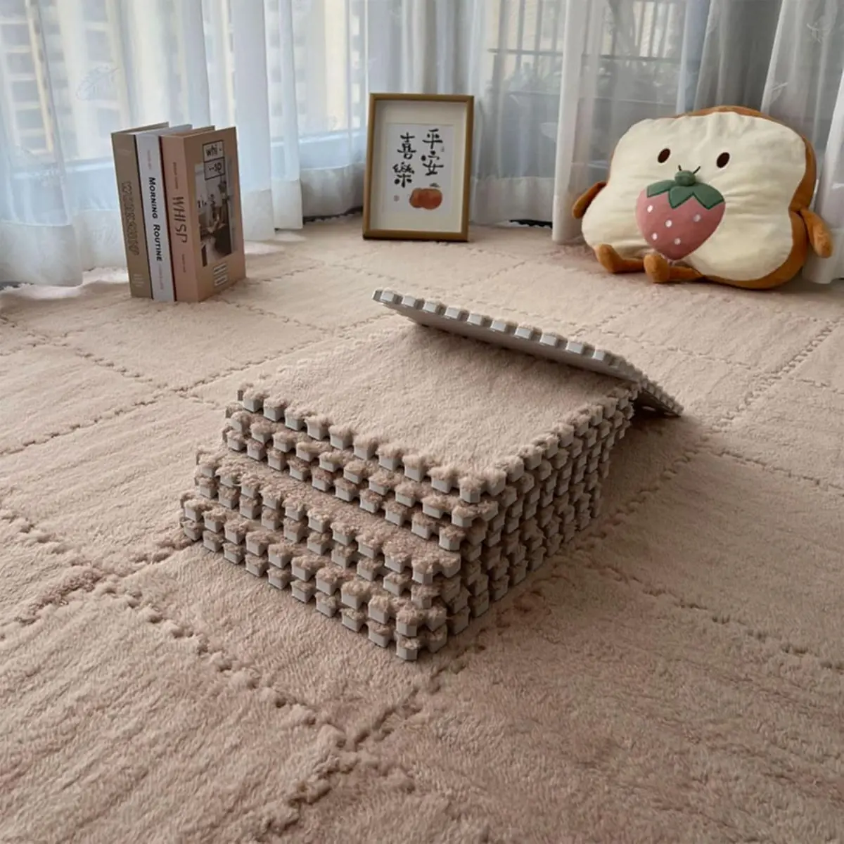 Pisos De Espuma Con Cubierta De Peluche. 60X60cm Color Chocolate Claro. Alfombra De Espuma Tipo Rompecabezas Con Felpa Suave. Piso De Goma. 1