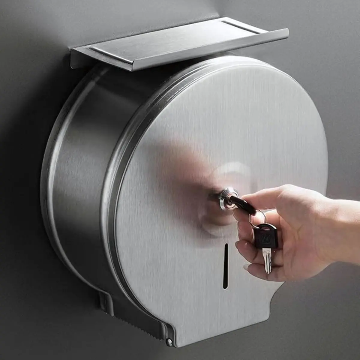 Dispensador De Papel Higiénico De Acero Inoxidable Con Bandeja Para Celular. Portarrollos Jumbo Con Cerradura. 1