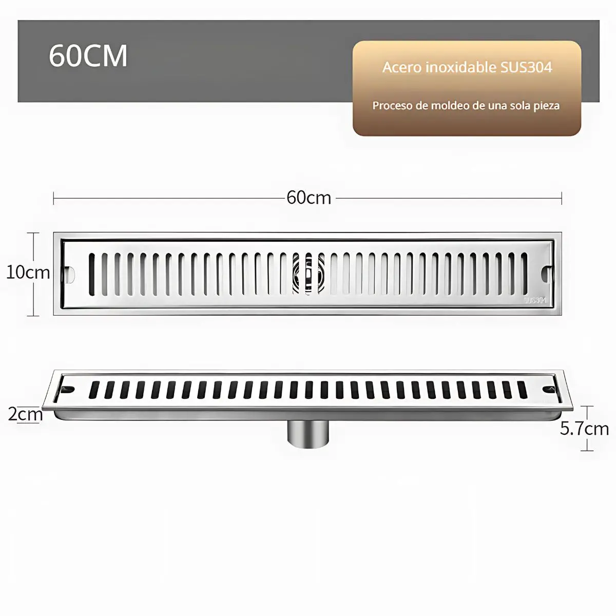 Drenaje Lineal De Piso 60Cm. Rejilla Rectangular. Desagüe Para Baño. Acero Inoxidable. 1