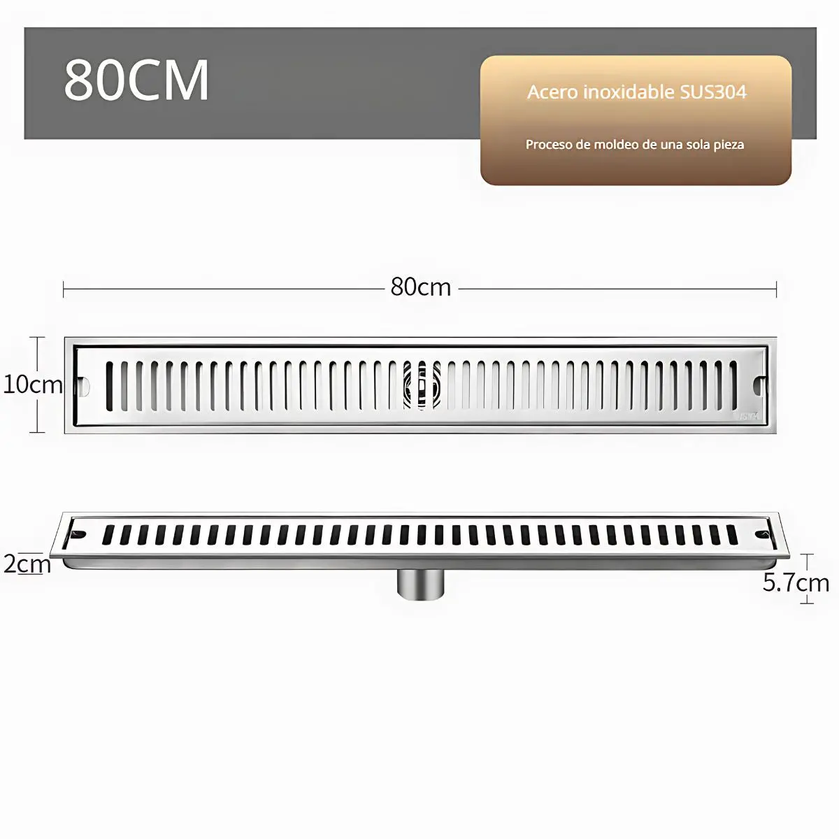 Drenaje Lineal De Piso 80Cm. Rejilla Rectangular. Desagüe Para Baño. Acero Inoxidable. 1