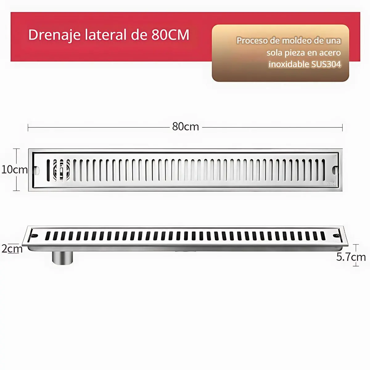 Drenaje Lineal De Piso 80Cm Con Salida Lateral. Rejilla Rectangular. Desagüe Para Baño. Acero Inoxidable. 1