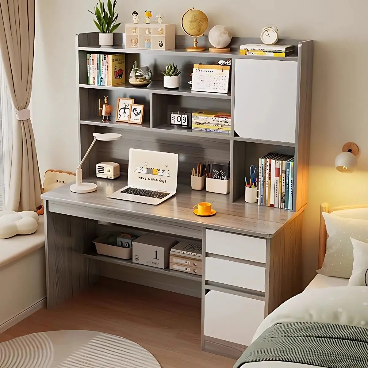 Escritorio Con Estantería Y Cajones 120X45x164cm. Mueble Multifuncional Para Oficina O Dormitorio. 1