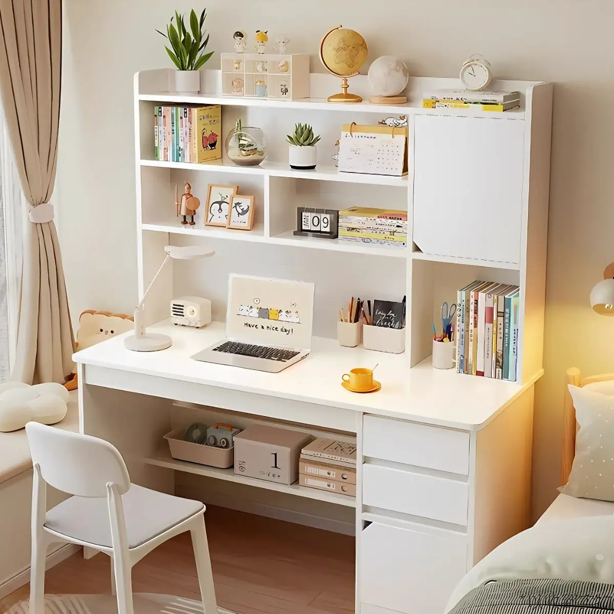 Escritorio Con Estantería Y Cajones 120X45x164cm. Mueble Multifuncional Para Oficina O Dormitorio. Color Blanco. 1