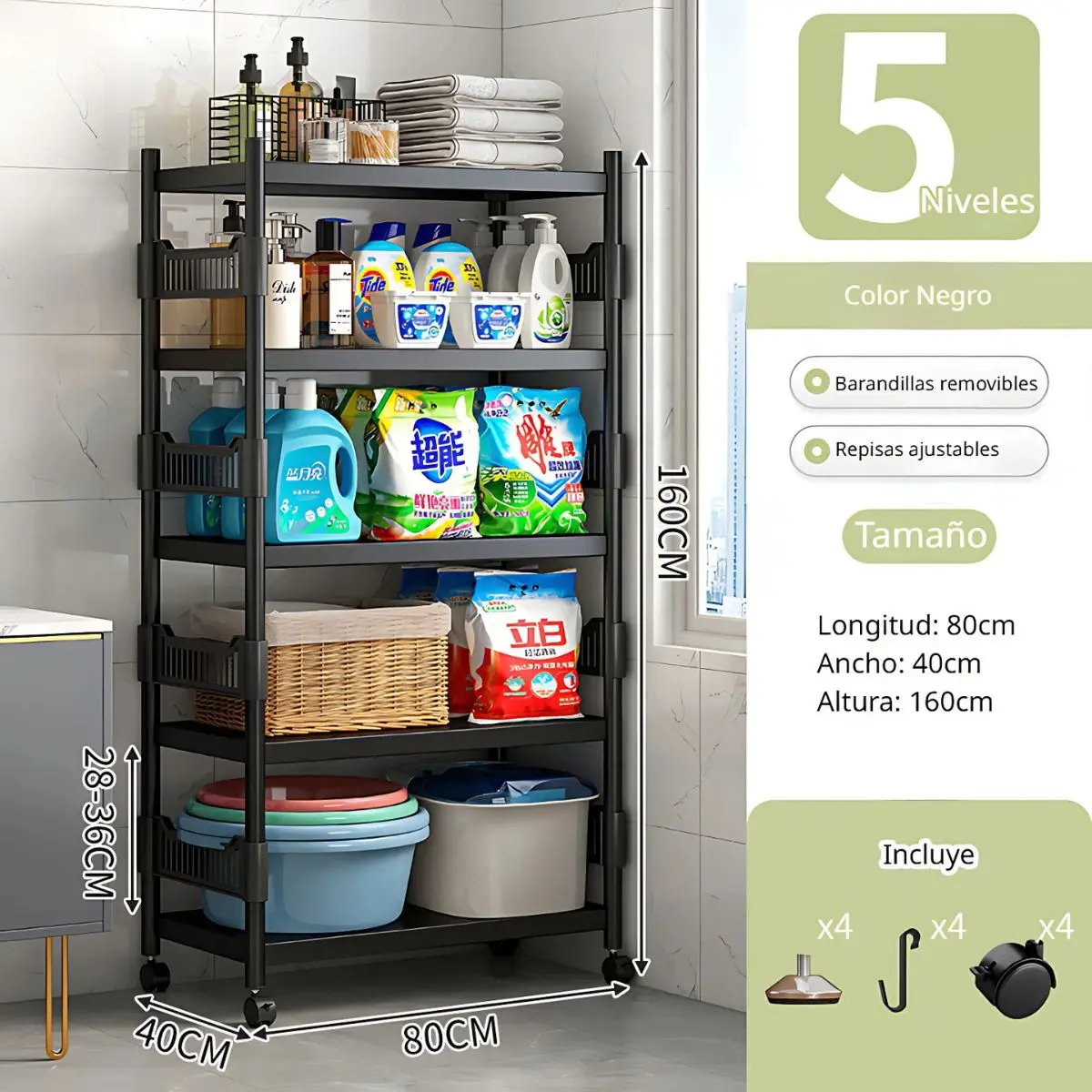 Estante Organizador Con Ruedas De 5 Niveles. Color Negro 160X80x40cm. Anaquel Multiusos Con Repisas Ajustables Y Barandillas Removibles. 1