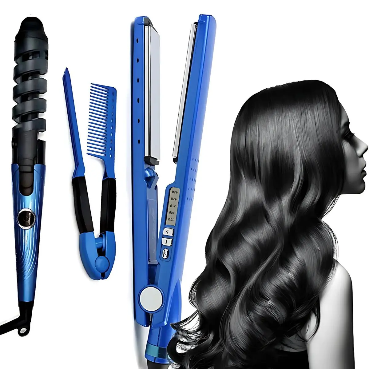 Plancha, Rizador Y Peine Térmico De Titanio. Set Profesional 3 En 1 Para Cabello. Con Control De Temperatura. 1
