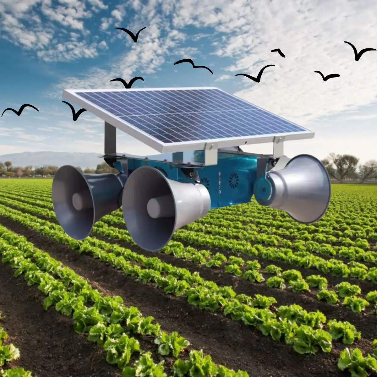 Repelente De Aves Con Panel Solar. Ahuyentador De Pájaros Con Sonido. 150W (Dc), Amplificador 30W De 4 Altavoces. Ideal Para Proteger Cultivos. Espantapajaros. 1