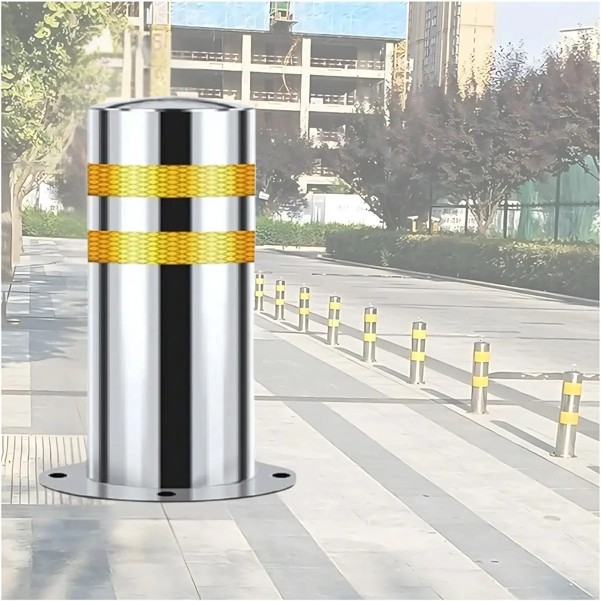 Bolardo De Estacionamiento 6.6". Poste De Seguridad De Acero Inoxidable. 168X400 Mm. Con Franjas Amarillas. Espesor 2.5Mm. 1