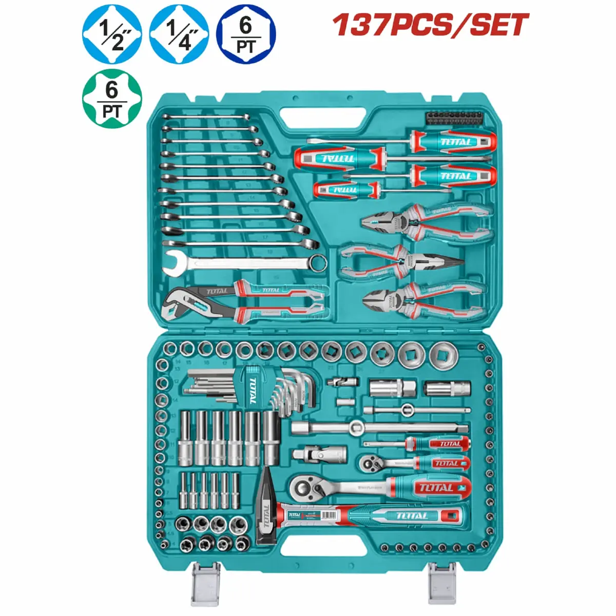 Juego De Herramientas Surtidas. Set De 137 Piezas (Dados, Ratchet, Llaves, Alicates, Martillo, Barras, Adaptadores, Destornilladores, Bits) Kit 1/4" Y 1/2" 1