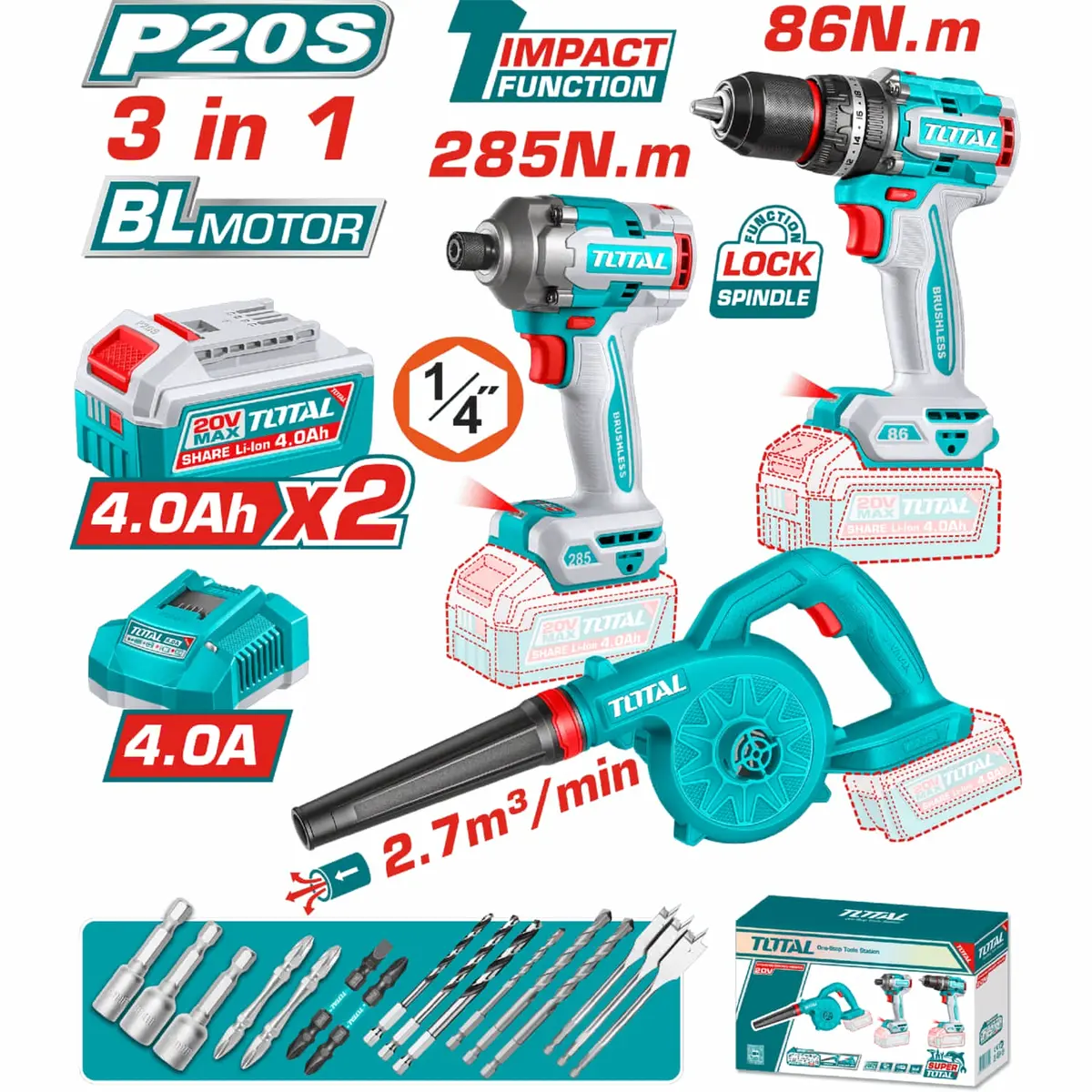 Combo Total Inalámbrico 20V: Llave De Impacto 1/4" 285N.M, Drill Taladro 86N.M Y Soplador 2.7 M³/Min. Incluye Baterias Y Cargador. 1