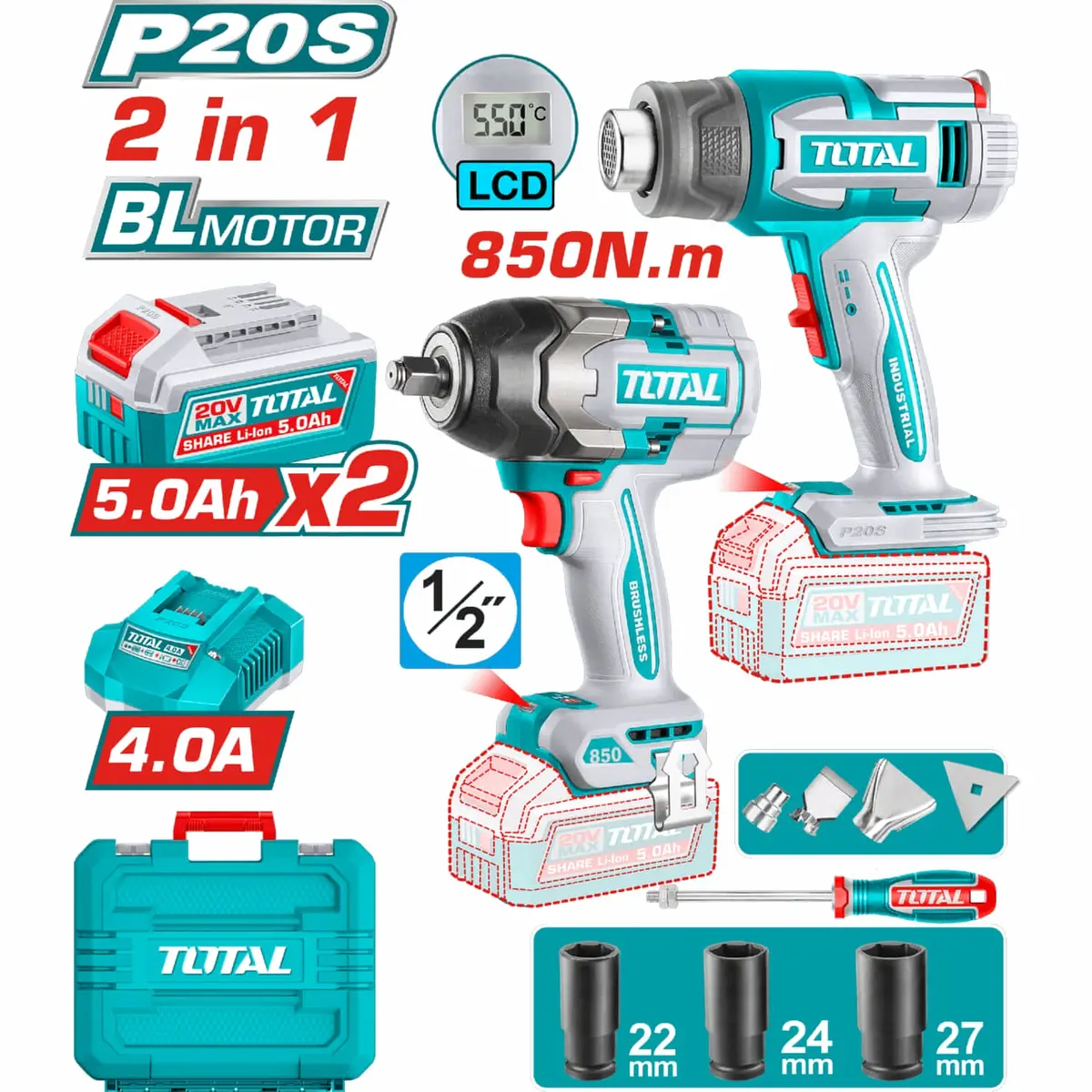Combo Total Inalámbrico 20V: Llave De Impacto 1/2" 850N.M Y Pistola De Calor 30 ~ 550 °C. Incluye Accesorios, Baterías Y Cargador. 1