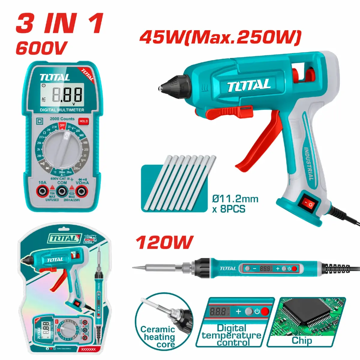 Combo Total De Pistola De Silicona 45W, Cautín 120W Con Pantalla Digital Y Multímetro Digital Trms. 1