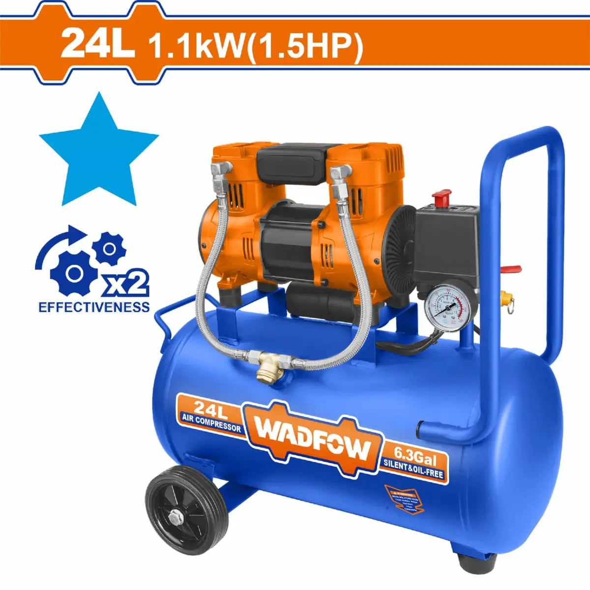 Compresor De Aire 24L (6.3 Gal) 1100W (1.5Hp) 110V Sin Aceite 8Bar 67Db Motor Aluminio 3400Rpm 1