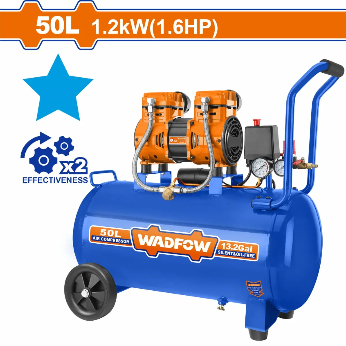 Compresor De Aire 50L (13.2Gal) 1200W (1.5Hp) 110V Sin Aceite 8Bar 75Db Motor Aluminio 3400Rpm 1
