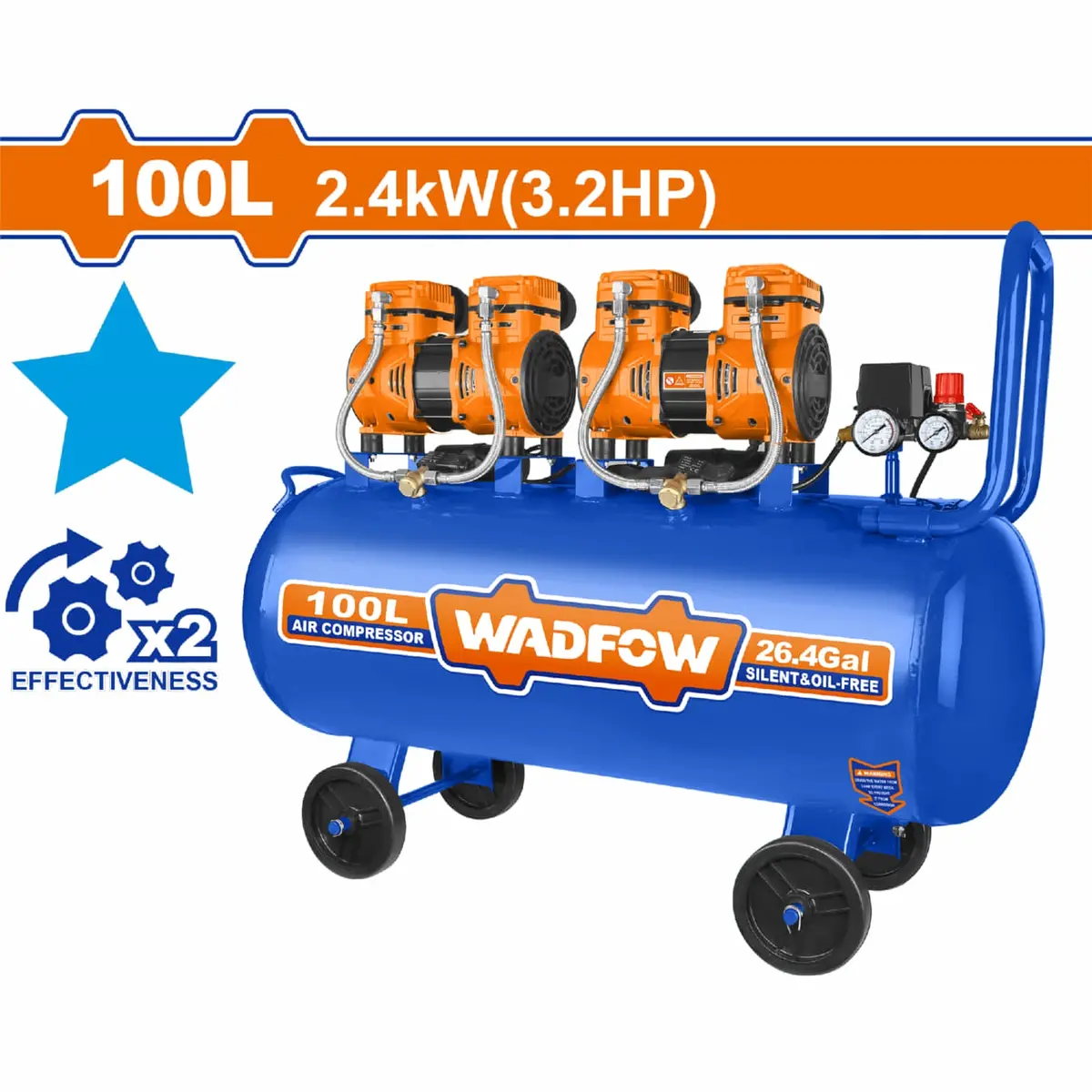 Compresor De Aire 100L (26.4Gal) 1200W (3.2Hp) 110V Sin Aceite 8Bar 75Db Motor Aluminio 3400Rpm 1