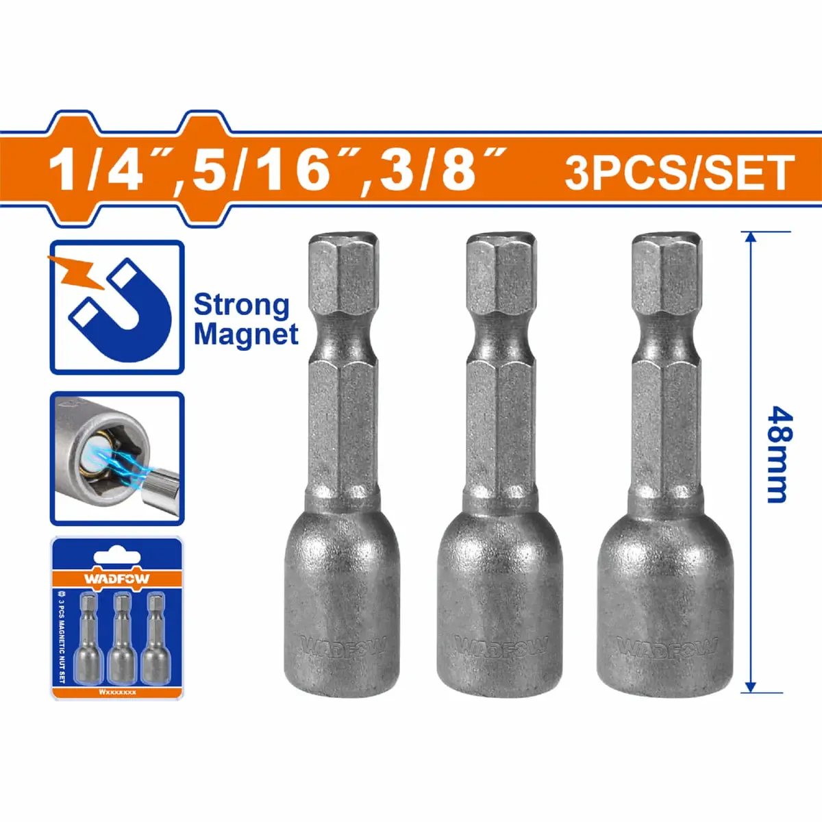 Copas Hexagonales Magnéticas 1/4" 5/16" 3/8"  Hex Largo 1-7/8" 50Bv30 Set 3 Pzas 1