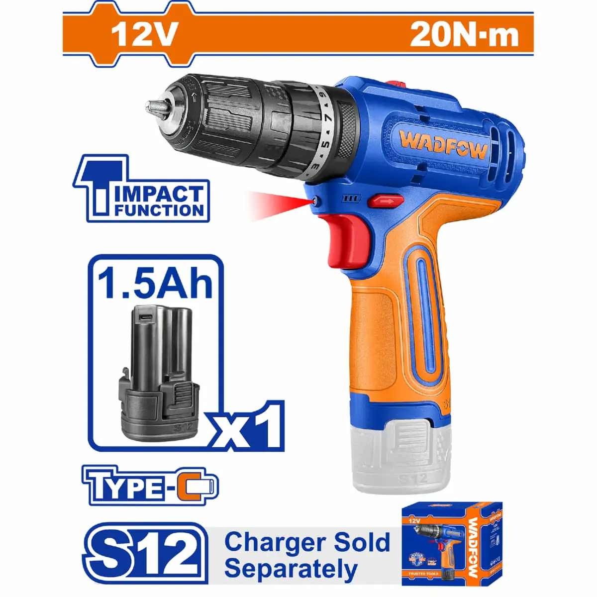 Taladro Drill Inalámbrico Función Impacto 12V 3/8" 0.8-10Mm. 0-400 / 0-1500Rpm. 20Nm. Cargador Por Separado. 1