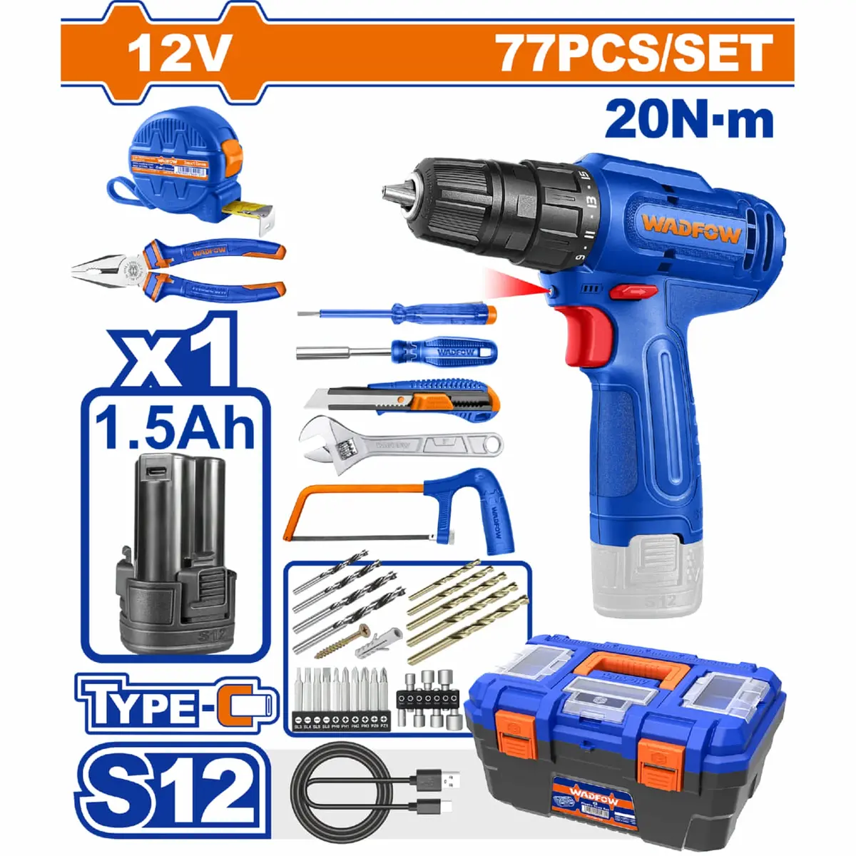 Herramientas Surtidas Con Taladro Inalámbrico 12V 20Nm Con Cable Usb Tipo Samsung. Juego De 77 Piezas. 1
