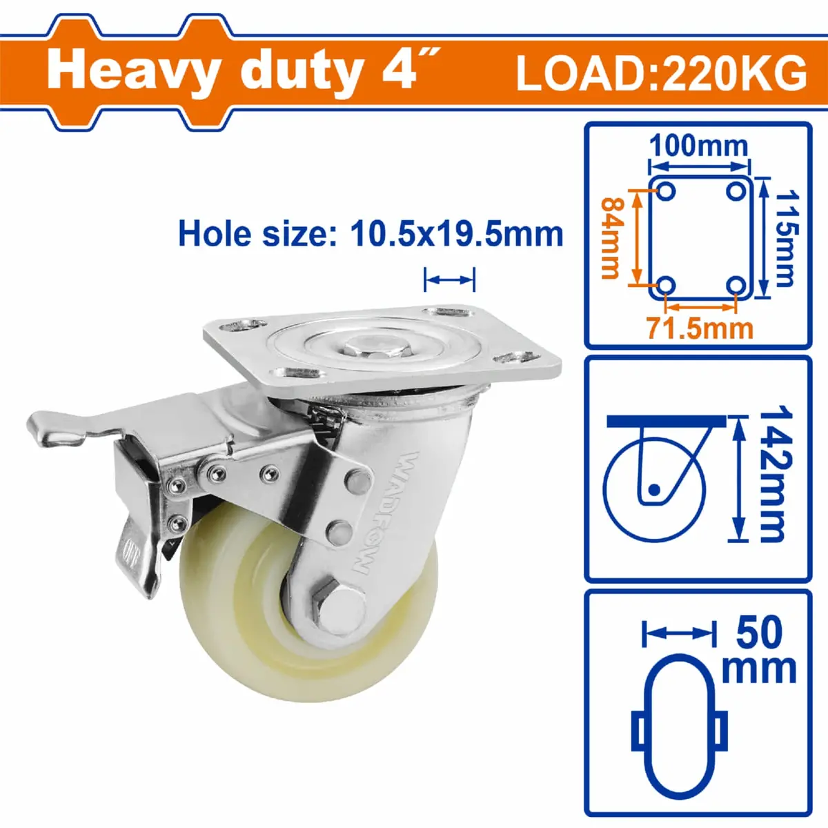 Rueda Giratoria Con Freno 4" Serie Trabajo Pesado Carga 220Kg Plástico Blanco. Rodachin 1