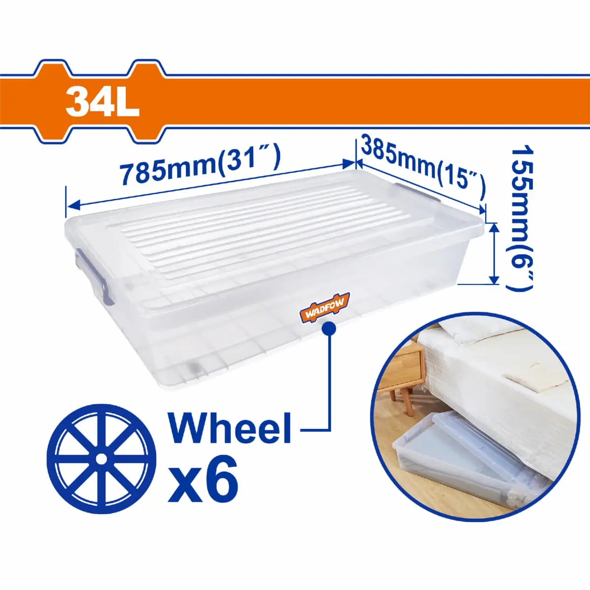 Caja Plástica De Almacenamiento Con Ruedas Debajo De La Cama 31" 34L 785Mm(31")*385Mm(15")*155Mm(6") 1350G. Organizador. 1