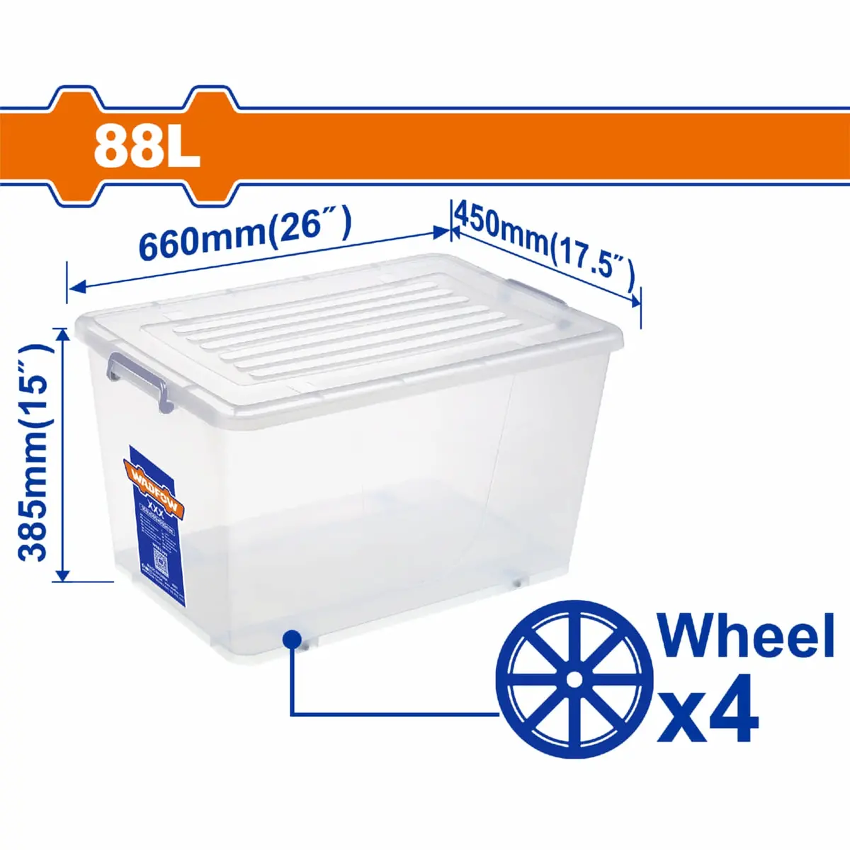 Caja Plástica De Almacenamiento Con Ruedas 26" 88L 660 Mm (26") X 450 Mm (17,5") X 385 Mm (15") Peso: 1950G. Tapa Con Asa. Hebilla De Plástico. Organizador. 1