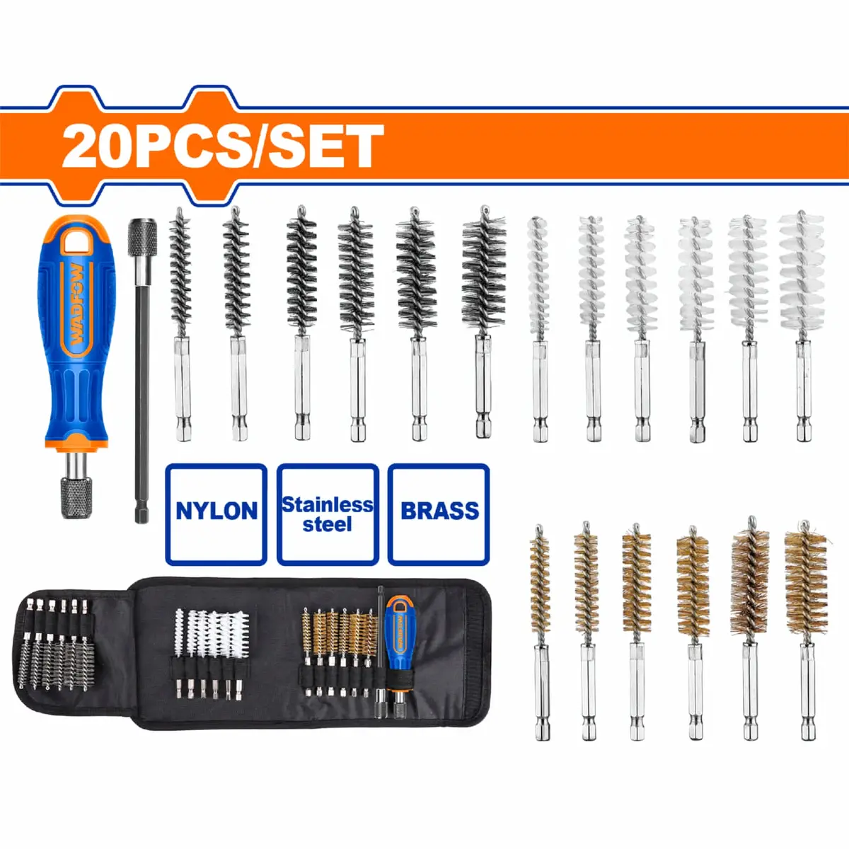 Cepillos Para Tubos Nylon Acero Y Bronce Con Extension Y Mango Suave Para Limpieza Interna. Set De 20 Pzas. 1