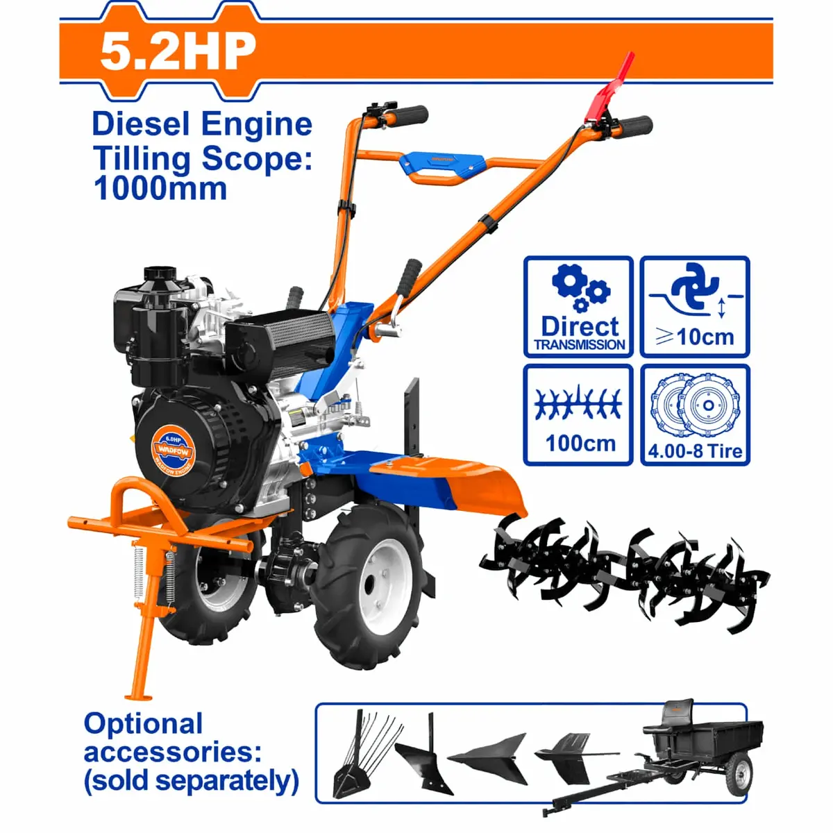 Motocultor Motoazada A Diesel 173F(5.2Hp) Labrado 510-1000Mm Prof ≥100Mm Transmisión Por Correa. Cultivador 1