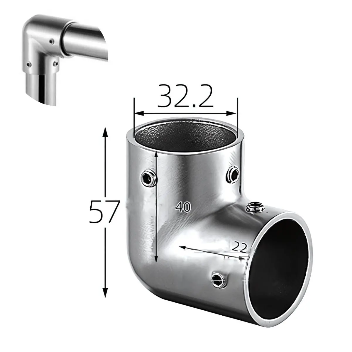 Codo 90° En Acero Inoxidable 304 Para Tubo De 32 Mm. Para Barandales, Pasamanos Y Mobiliario. Acabado Satinado Con Fijación Por Tornillo. 1