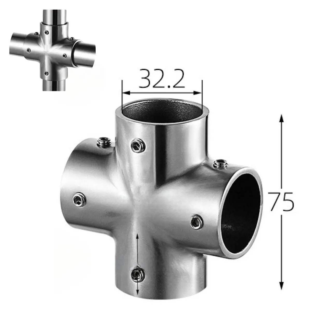 Conector Cruz 4 Vías 90° En Acero Inoxidable 304 Para Tubo De 32 Mm. Para Barandales, Marcos Y Estructuras Tubulares. Acabado Satinado. Unión. 1