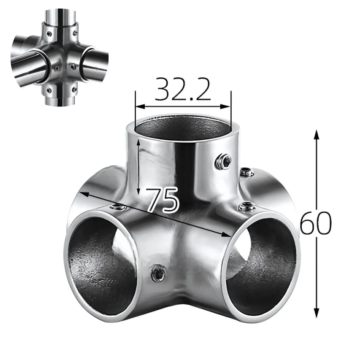 Conector Múltiple De 5 Vías En Acero Inoxidable 304 Para Tubos De 32 Mm. Para Barandales, Estructuras Modulares Y Divisiones Metálicas. 1