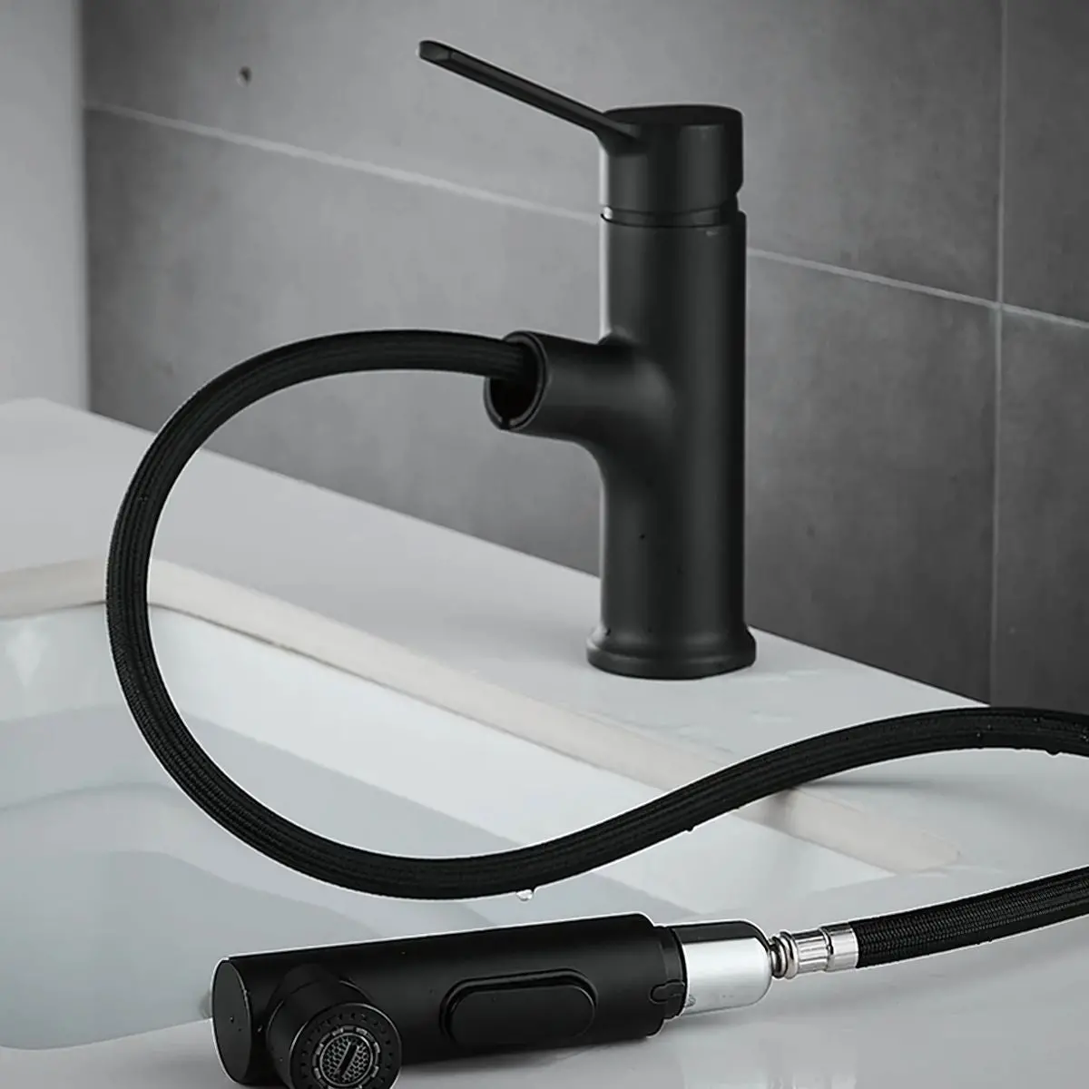 Llave De Lavamanos Extraíble Con Alcance De 60Cm. Grifo De Lavabo Color Negro. Pluma Con Doble Función. 2