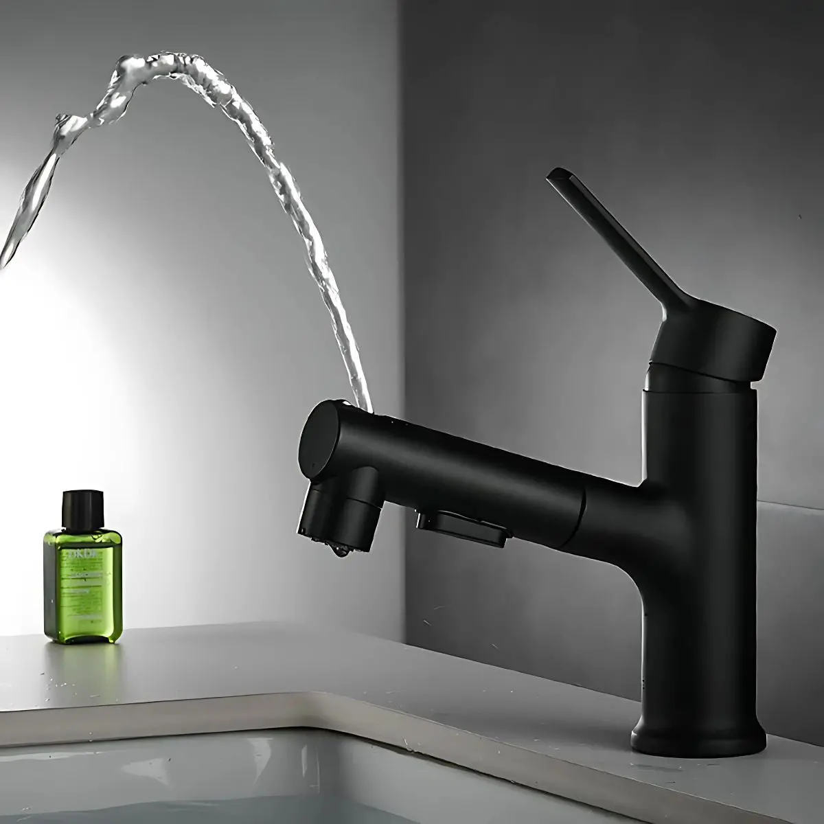 Llave De Lavamanos Extraíble Con Alcance De 60Cm. Grifo De Lavabo Color Negro. Pluma Con Doble Función. 1