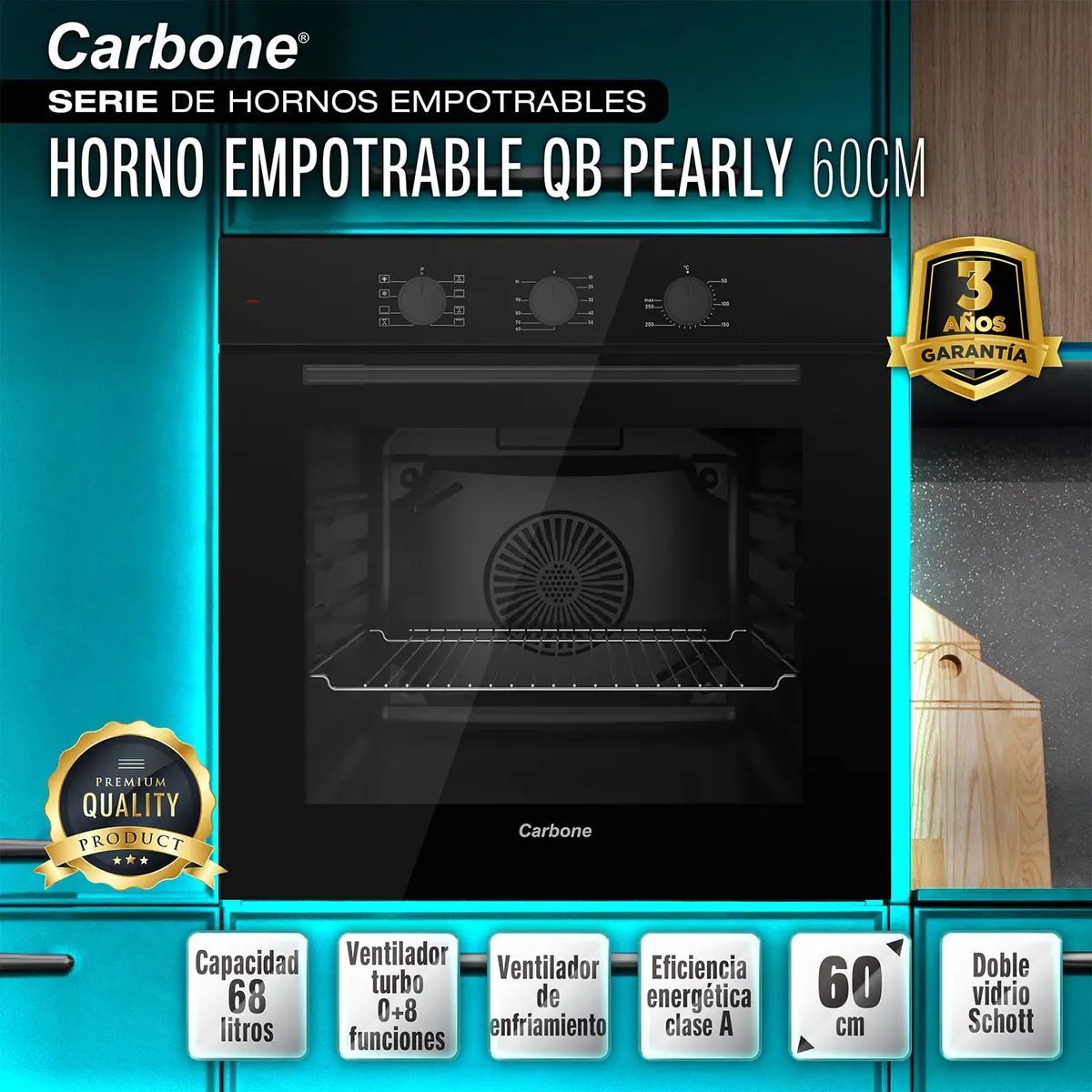 Horno Eléctrico Empotrable De 60 Cm Capacidad 68L 110V Rango 0°C A 250°C 1