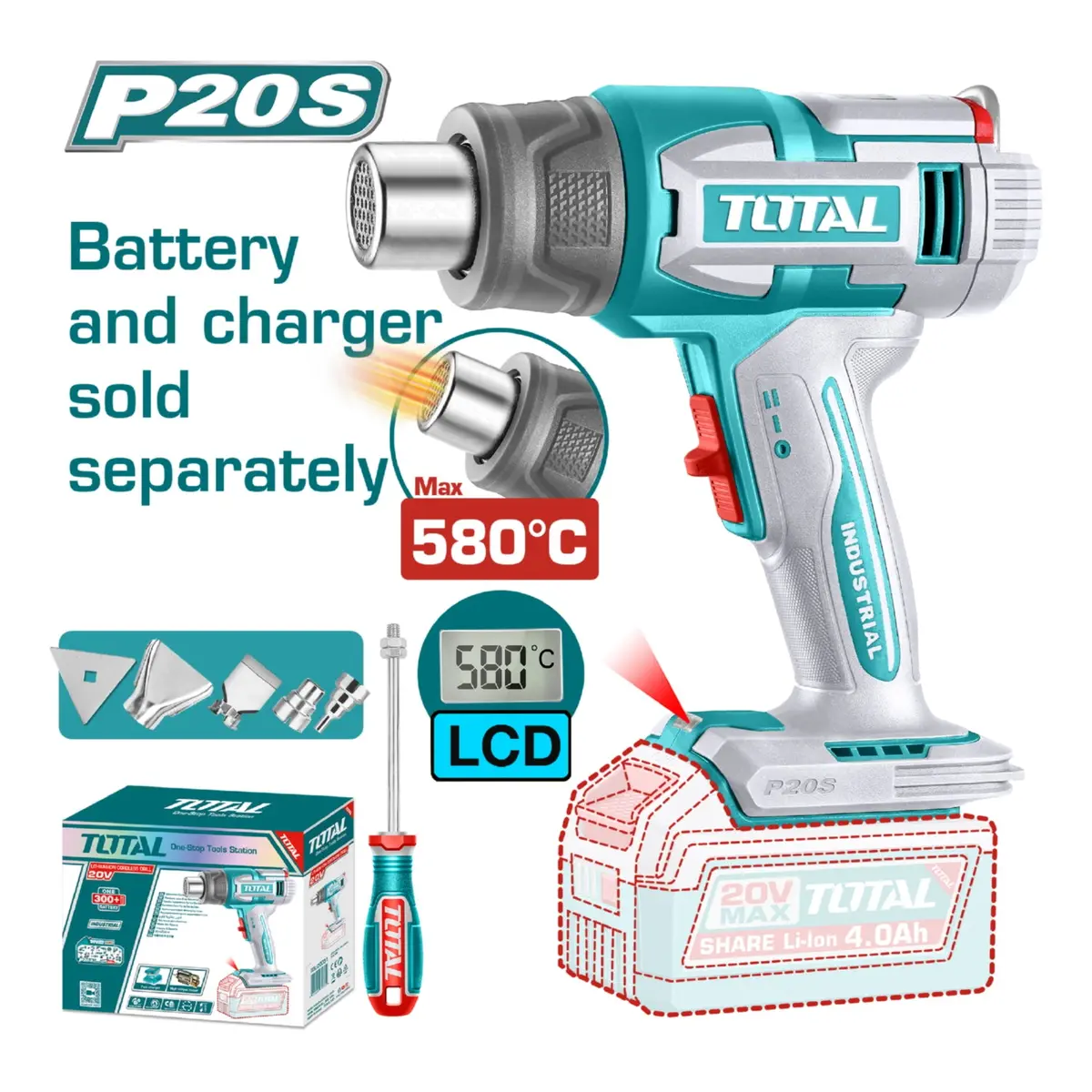Pistola De Calor Inalámbrica. 20V. 30/580°C. Flujo Aire 100/200 L/Min Batería Y Cargador Por Separado. Incluye Accesorios. Blower 1