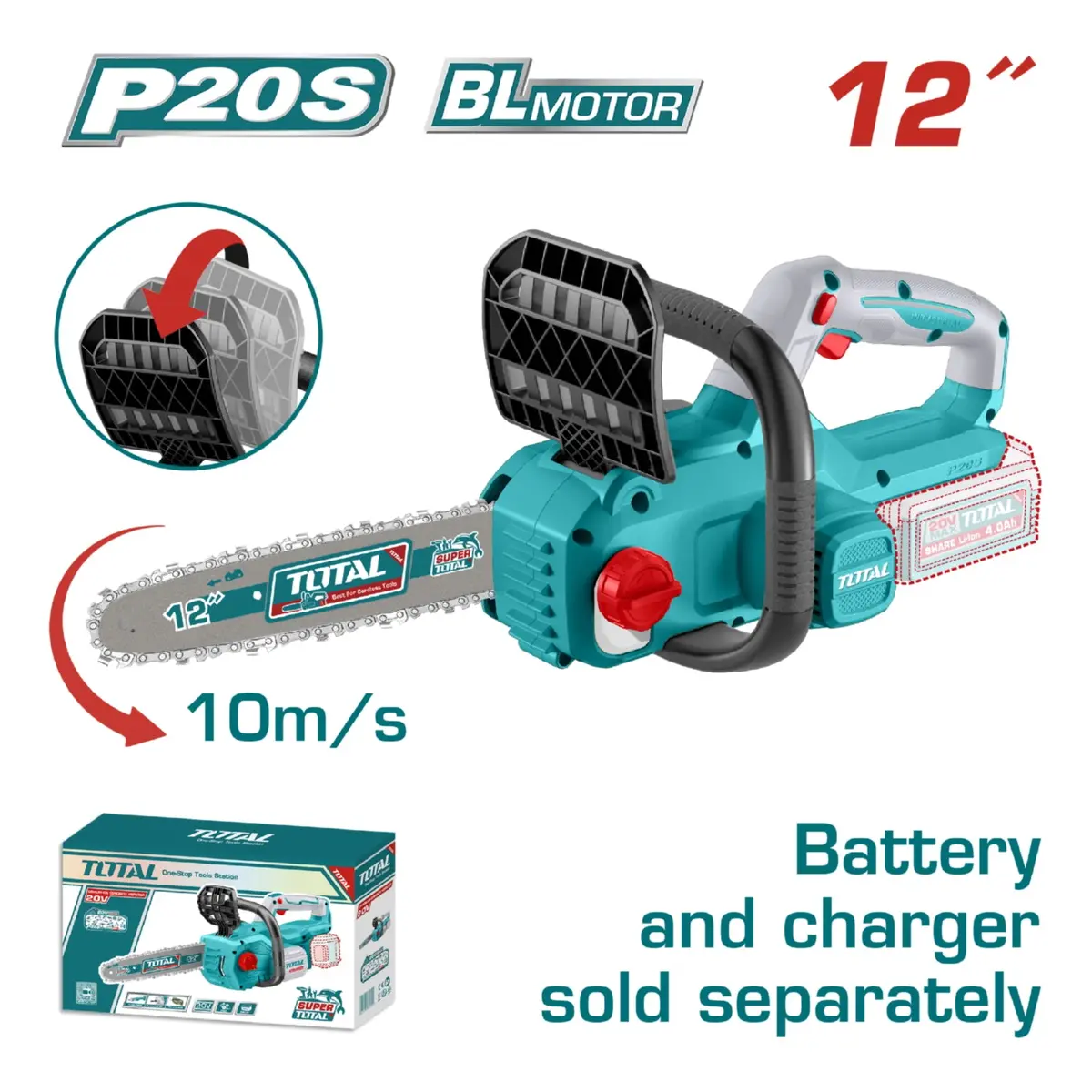 Motosierra 12" 20V Motor Sin Escobillas Veloc Cadena 10/Ms Auto-Lubricación. Batería Y Cargador Por Separado. 1