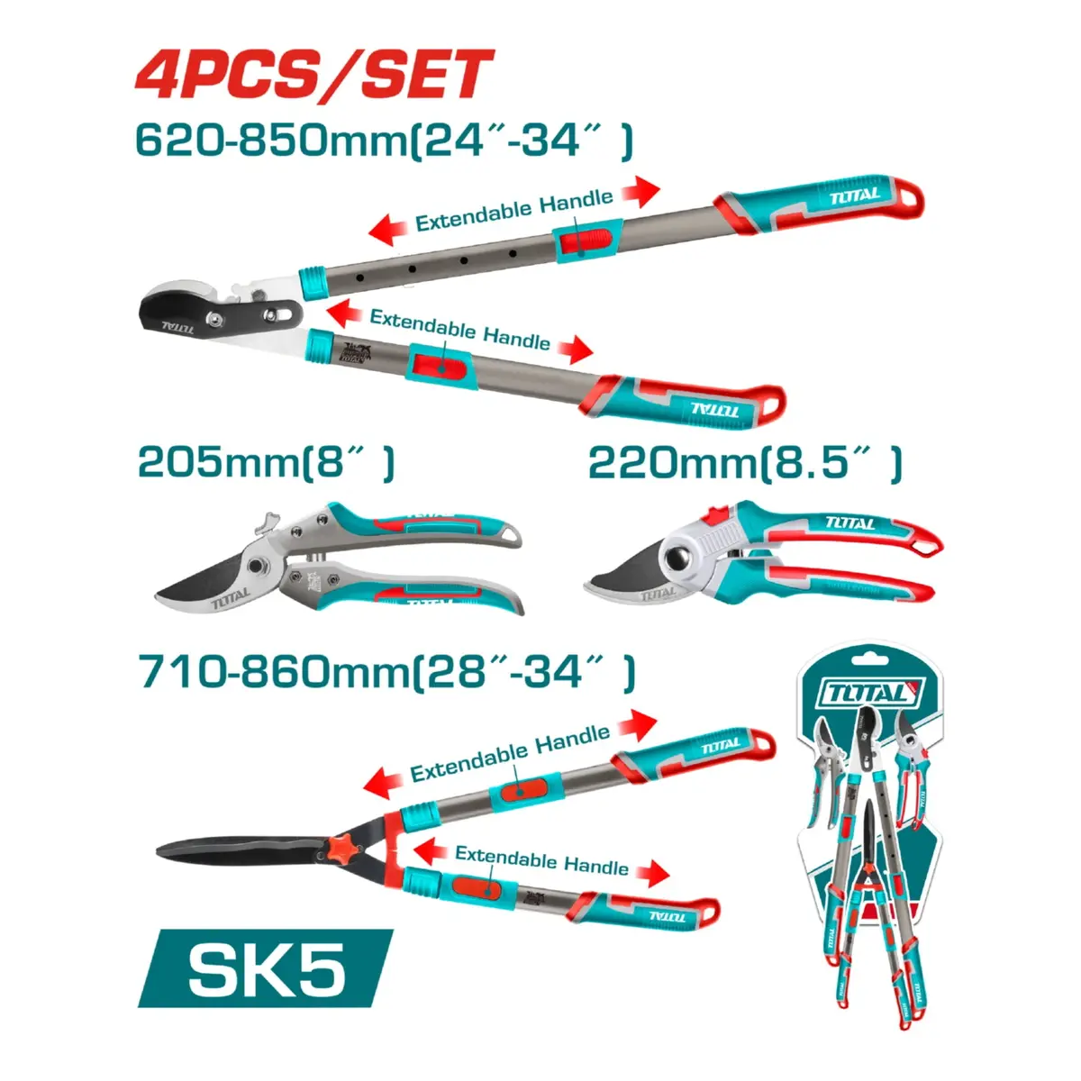 Tijeras De Jardín 8.5" , 8", 24"-34", 29"-34" Sk5 Con Mangos Telescópicos Y Cuchillas Deteflón Podador Y Cortasetos. Set De 4 Pzas. 1