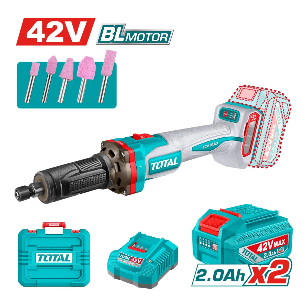 Mototool Esmeril Recto 42V Motor Sin Escobillas.  Punta 6Mm (1/4”) Incluye Batería, Cargador Y Accesorios. 1