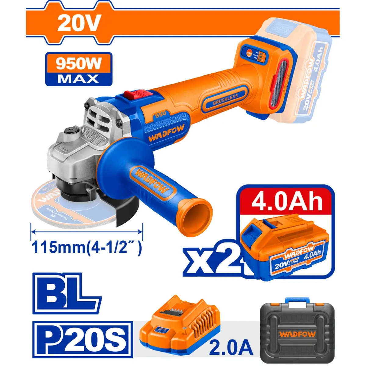 Amoladora Angular Inalámbrica 20V 950W Diámetro 4-1/2" Incluye 2 Baterías Y Cargador. Esmeril Flexible. 1