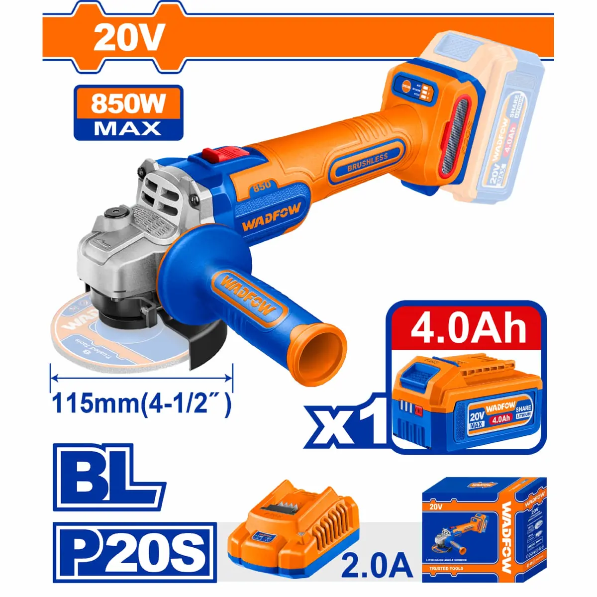 Amoladora Angular Inalámbrica 20V 850W Diámetro 4-1/2" Incluye Batería Y Cargador. Esmeril Flexible. 1
