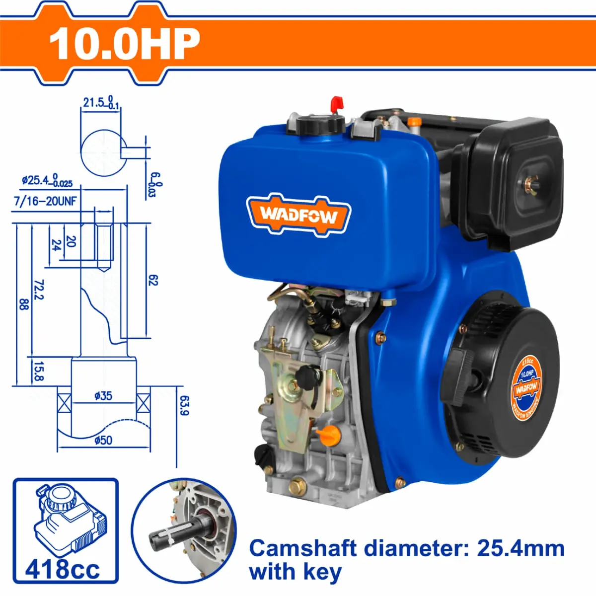 Motor Diésel 10Hp (7.1 Kw) 418Cc Eje 25.4Mm 3600Rpm 5.5L Arranque Manual 4 Tiempos. 1
