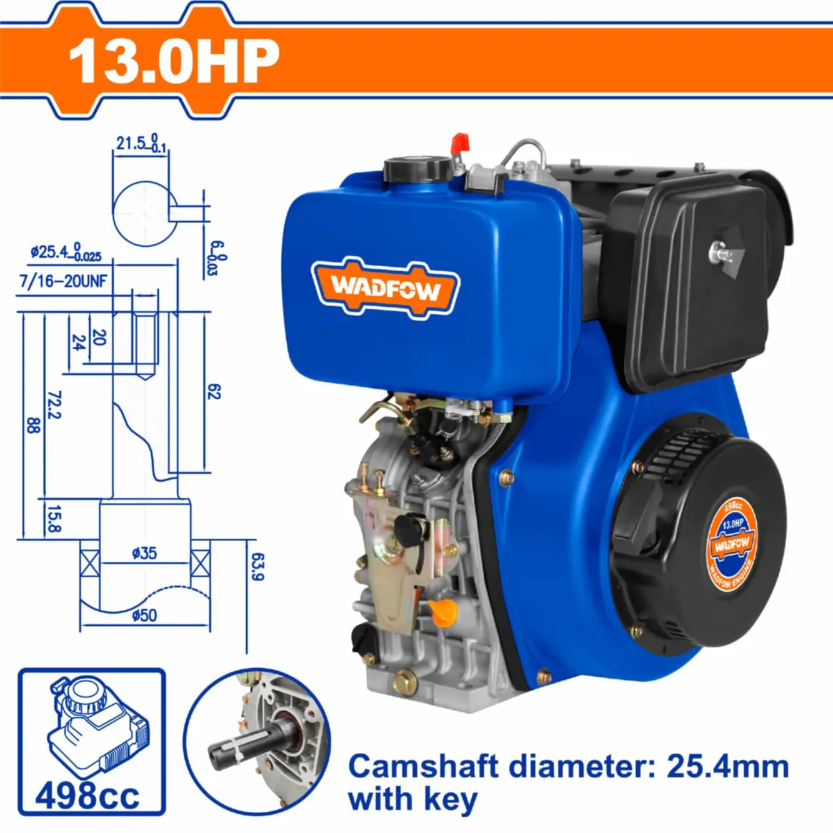 Motor Diésel 13Hp (8.6Kw) 418Cc Eje 25.4Mm 3600Rpm 5.5L Arranque Manual 4 Tiempos. 1