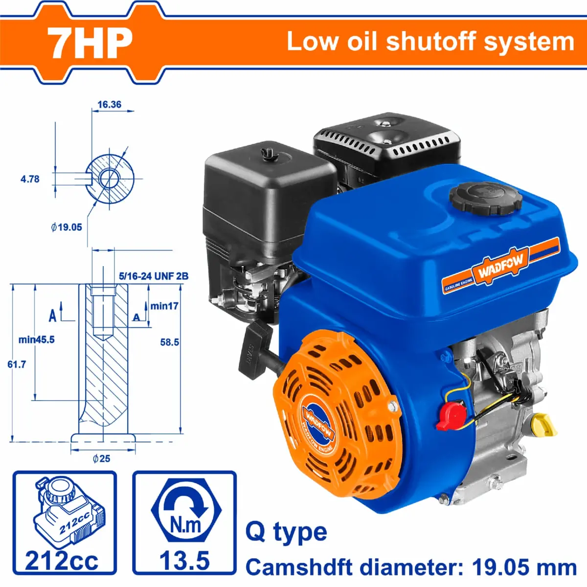 Motor A Gasolina 7Hp 4 Tiempos 19.5Mm 3.6L Q Type 212Cc 13.5Nm Aviso De Nivel Bajo De Aceite. 1