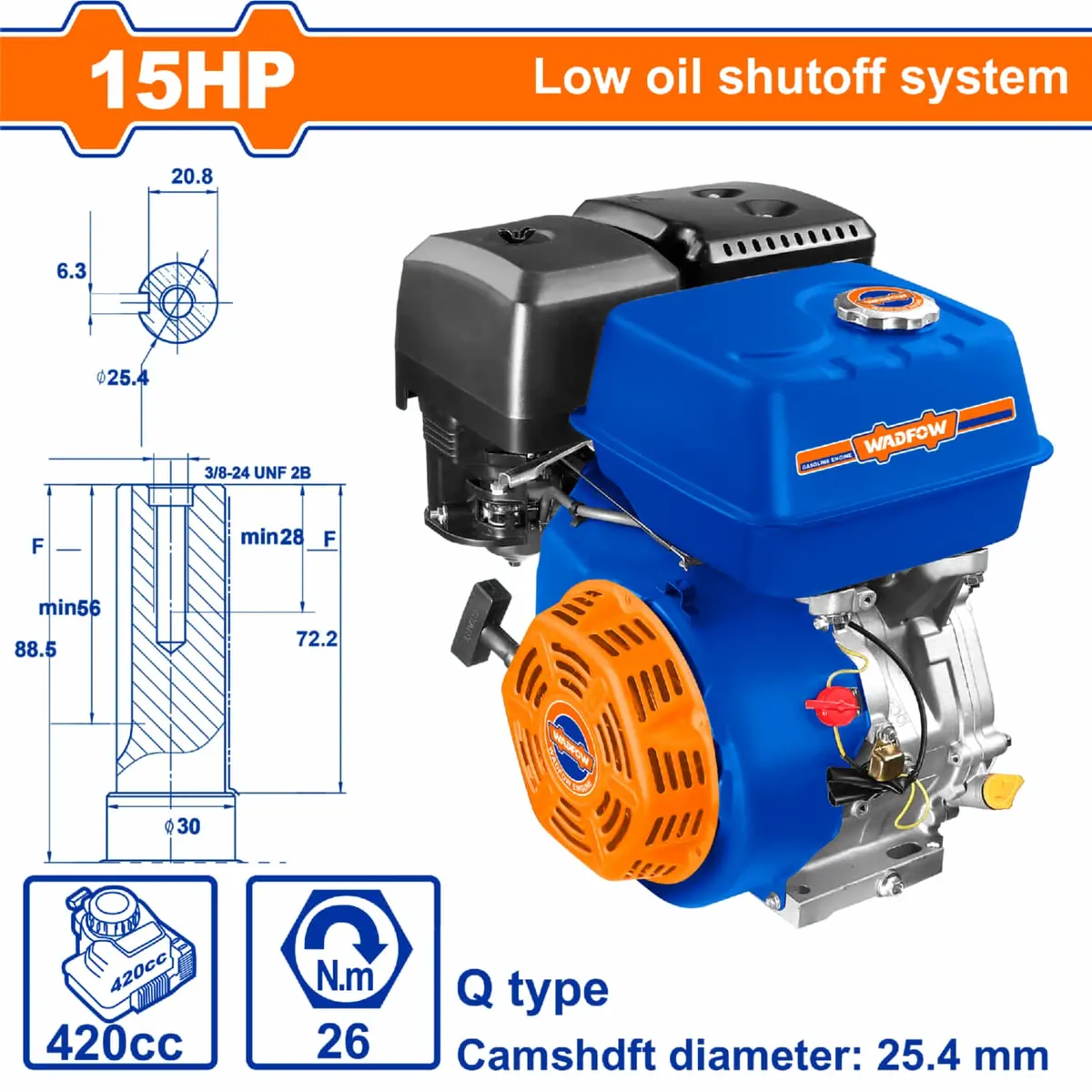 Motor A Gasolina 15Hp 4 Tiempos 25.4Mm 1.1L Q Type 420Cc 26Nm Aviso De Nivel Bajo De Aceite. 1