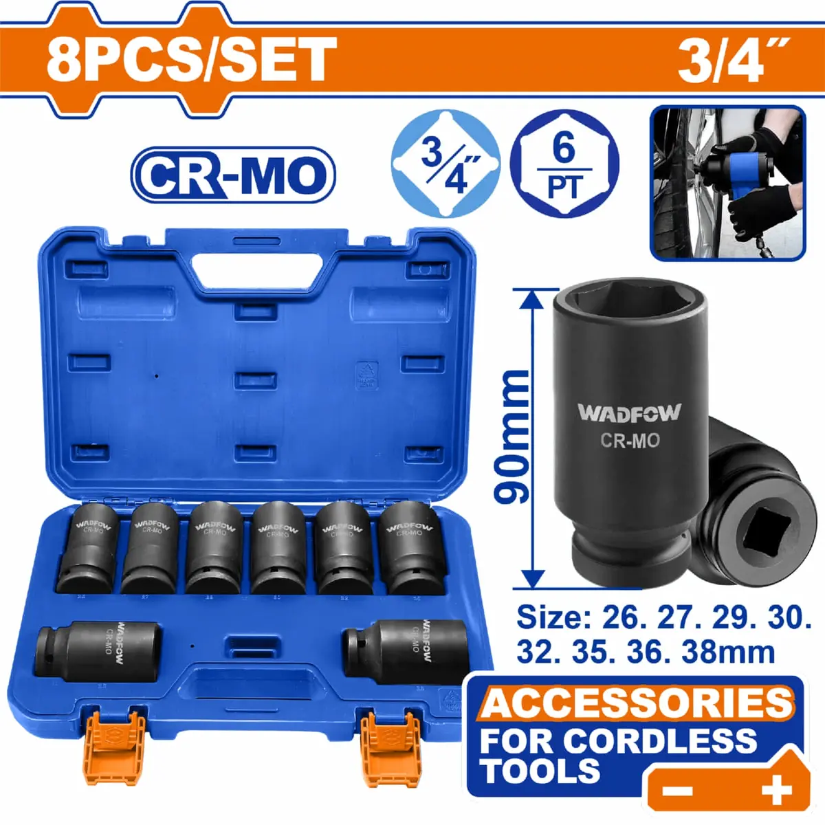 Dados De Impacto 3/4" Tamaños: 26-38Mm. Long 90Mm. Cr-Mo Térmico. Set De 8 Pzas. Compatible Con Wcd1b128 / Uwcd1b128 1