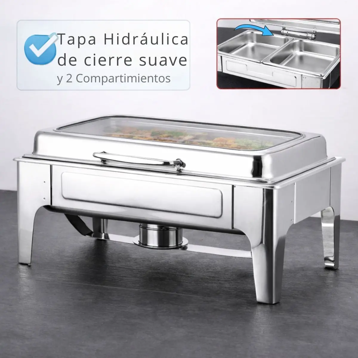 Chafing Dish Rectangular De Acero Inoxidable Con Tapa  De Vidrio Hidraulica Cierre Suave 22X16x11" De 2 Compartimientos Calentamiento Por Alcohol Para Hoteles, Restaurantes, Buffets, Catering. 1