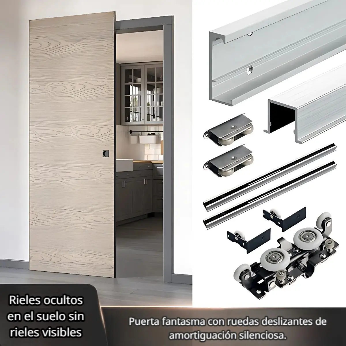 Puertas Fantasmas Ghost Doors Riel Oculto Con Amortiguación Para Puerta Corrediza Madera 60 Kg. Kit Profesional De Guías Para Puerta Corrediza Sin Riel En Piso. 1